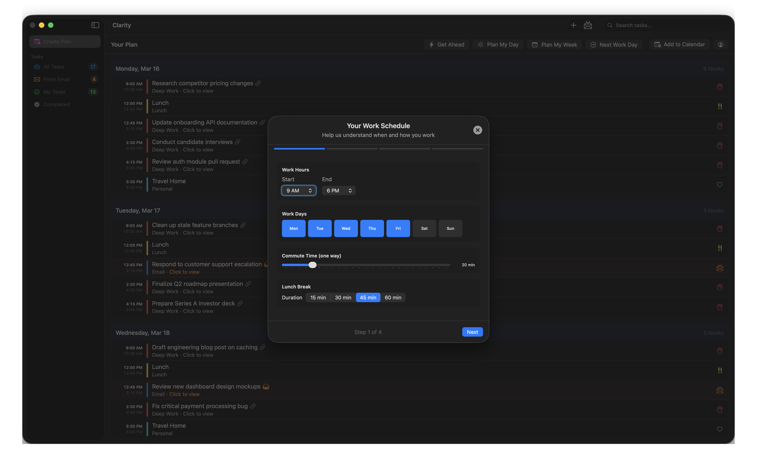Clarity showing a weekly plan with time-blocked schedule